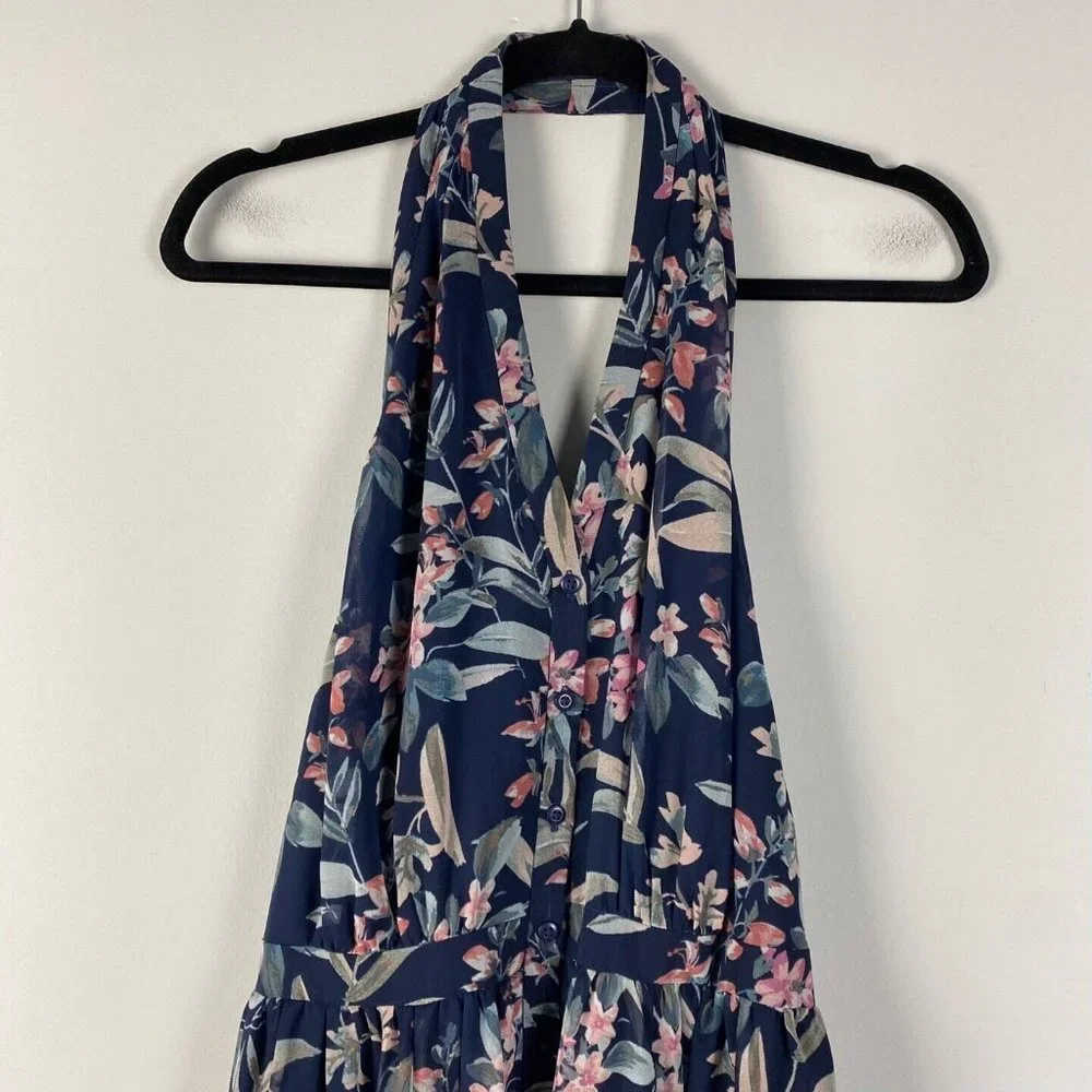 Gal Meets Glam Siena Dress Size 10P Blue Floral Maxi Halter Smocked Flowy - Picture 2 of 10